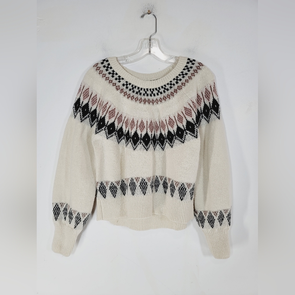 Lucky Brand Cream Fair Isle Crewneck Sweater with Black and Mauve Pattern
